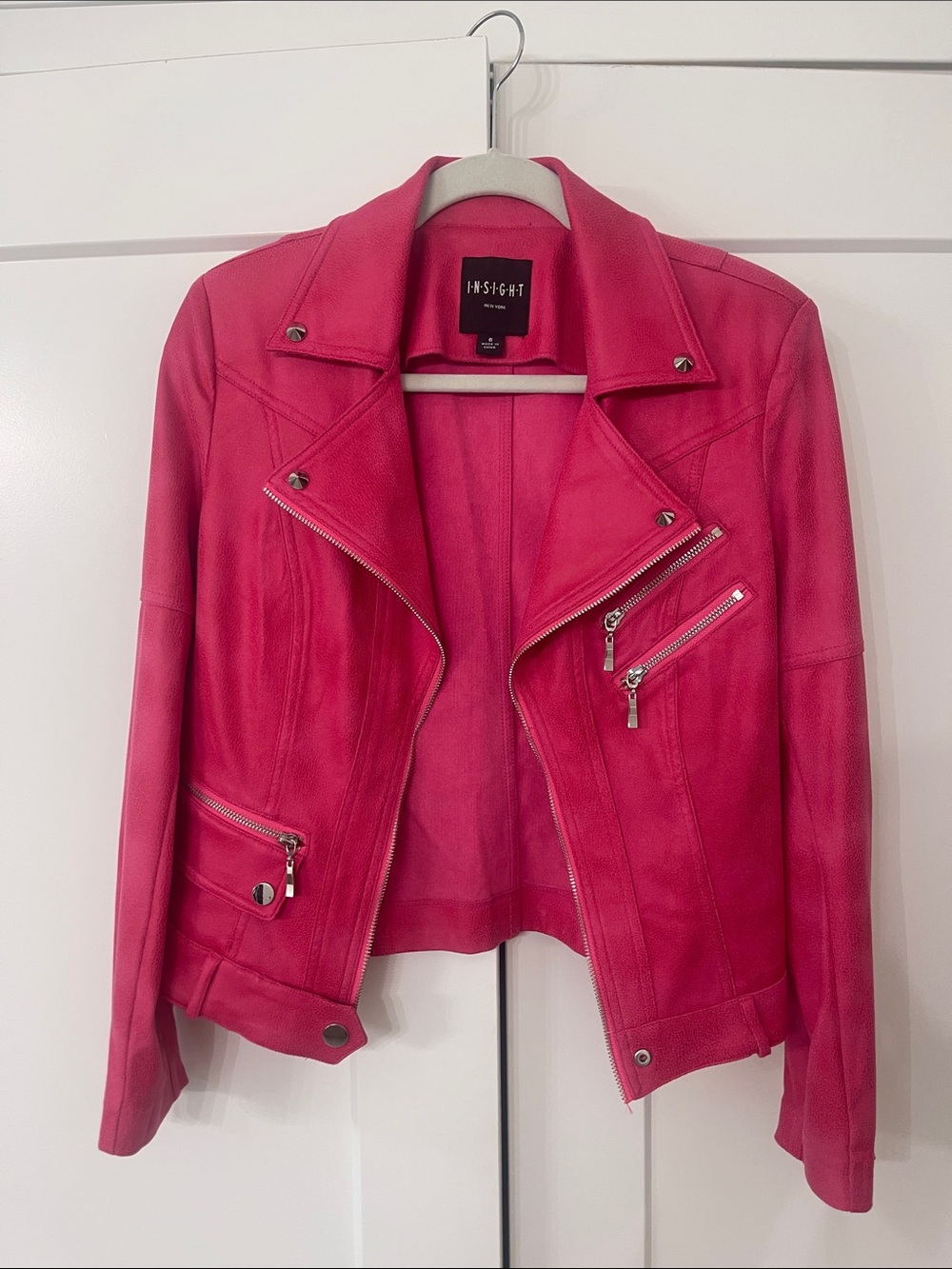 Insight Bright Pink Leather Moto Jacket with Silver Hardware